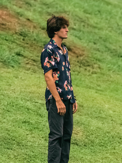 Aloha Men Shirt- Plumeria in Vintage black