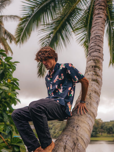 Aloha Men Shirt- Plumeria in Vintage black