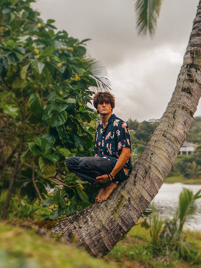 Aloha Men Shirt- Plumeria in Vintage black