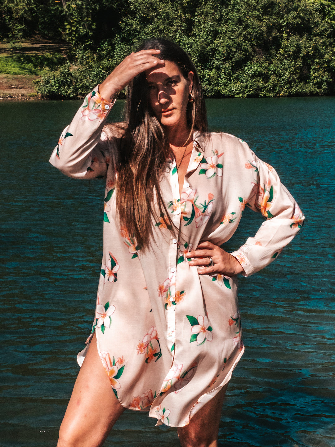 Aloha Shirt Dress - Plumeria Vintage Tan