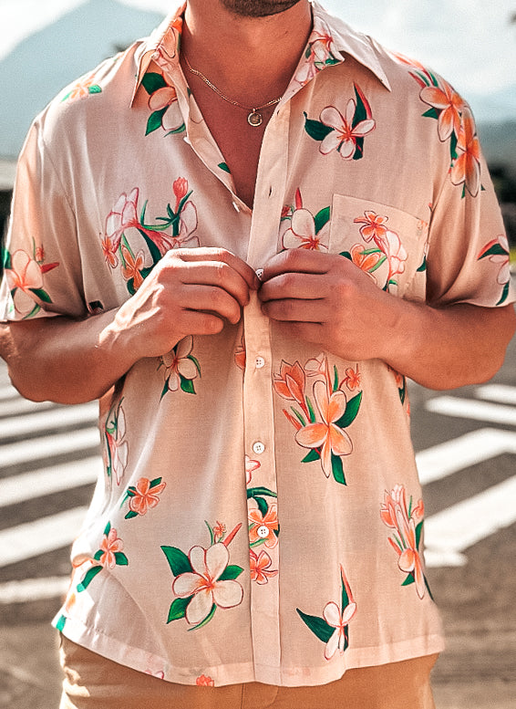 NEW -  Aloha Men Shirt- Plumeria in SAND color