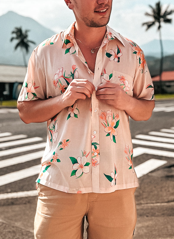 NEW -  Aloha Men Shirt- Plumeria in SAND color