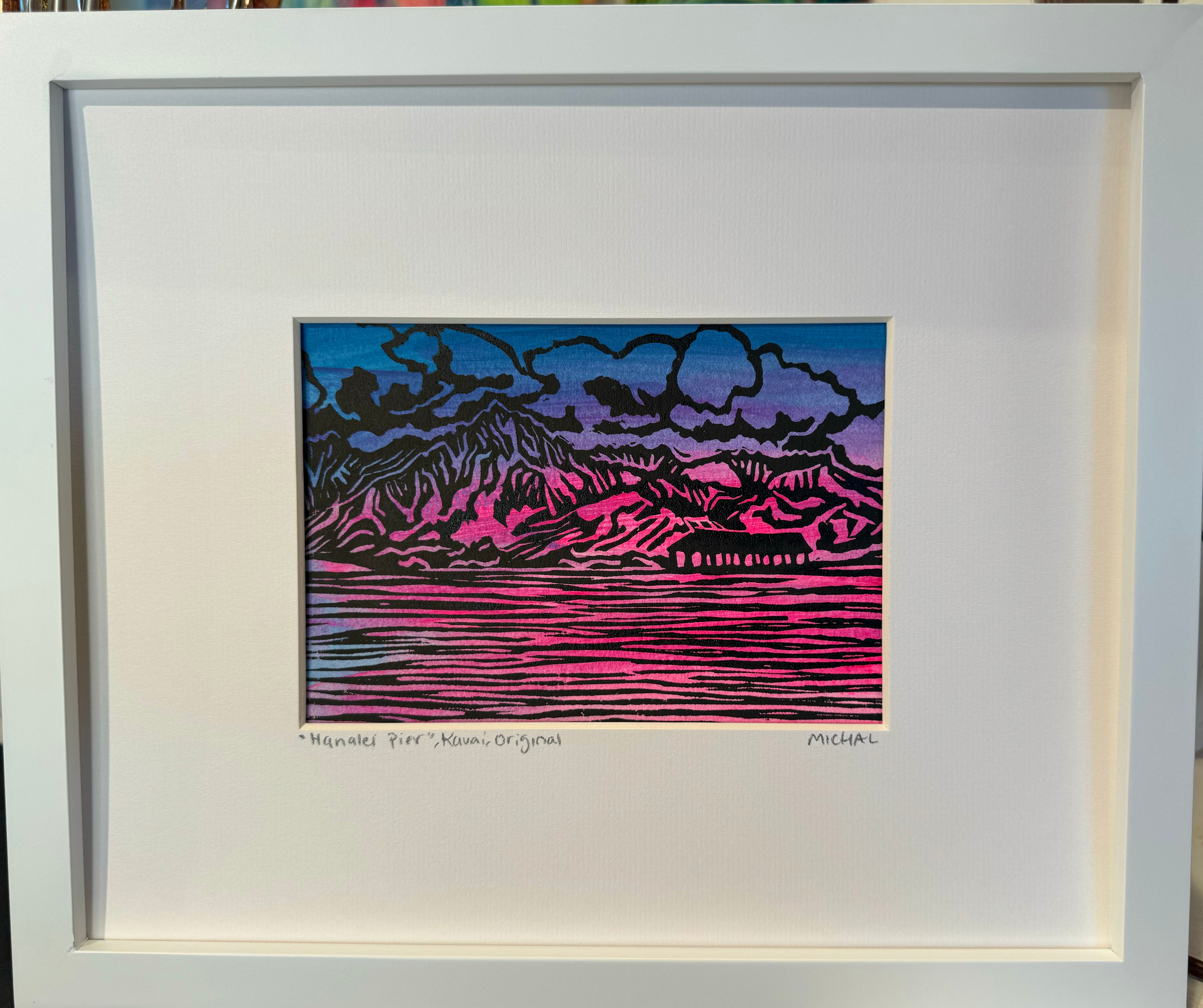 NEW 2024 - Hanalei Pier, Original Lino Cut - pink and purple