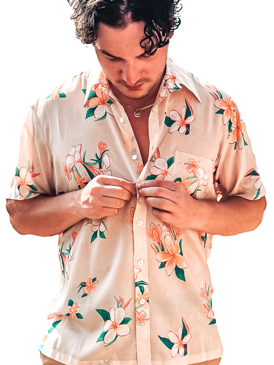 NEW -  Aloha Men Shirt- Plumeria in SAND color