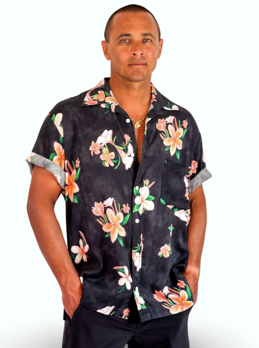 Aloha Men Shirt- Plumeria in Vintage black