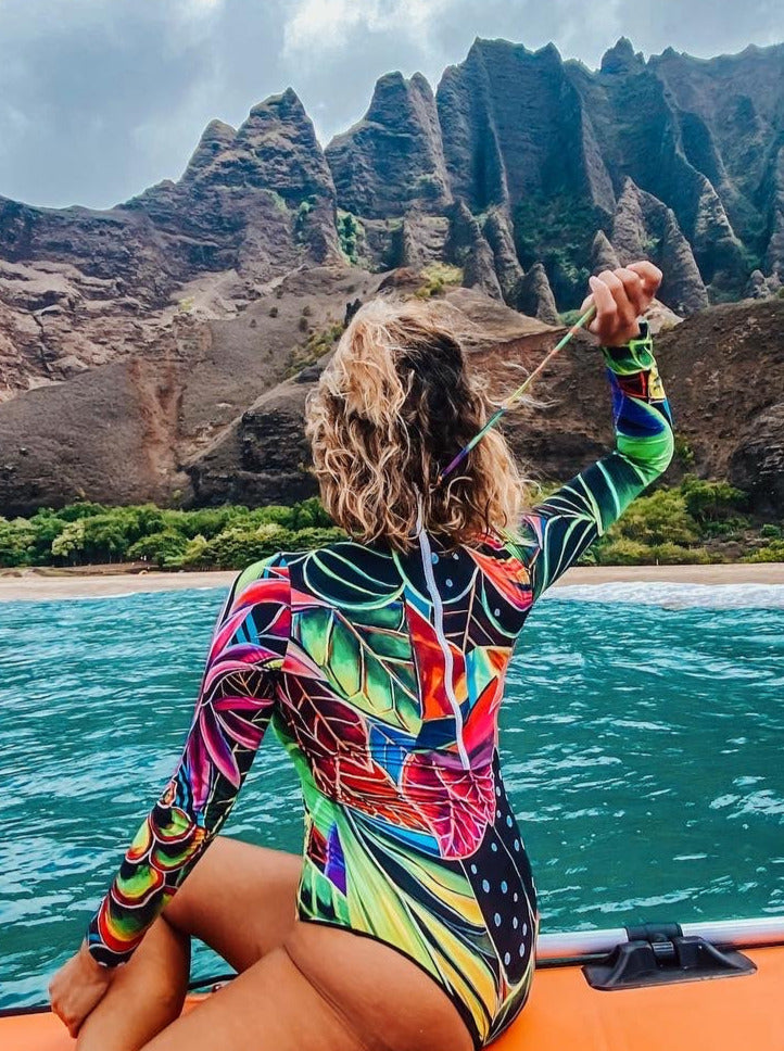 Long sleeves - Hanalei Morning - Full body zipper one piece - MICHAL ART STUDIO HAWAII -