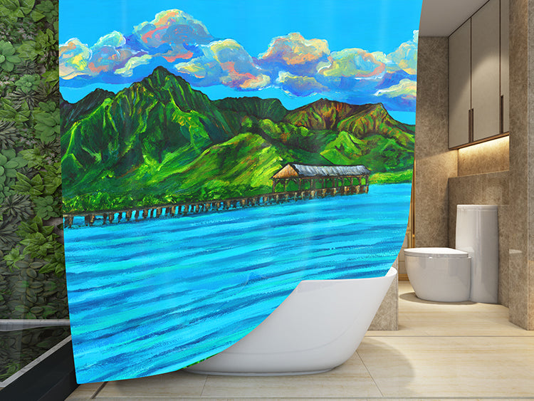 Hanalei Pier Shower Curatin - MICHAL ART STUDIO HAWAII - shower curtain