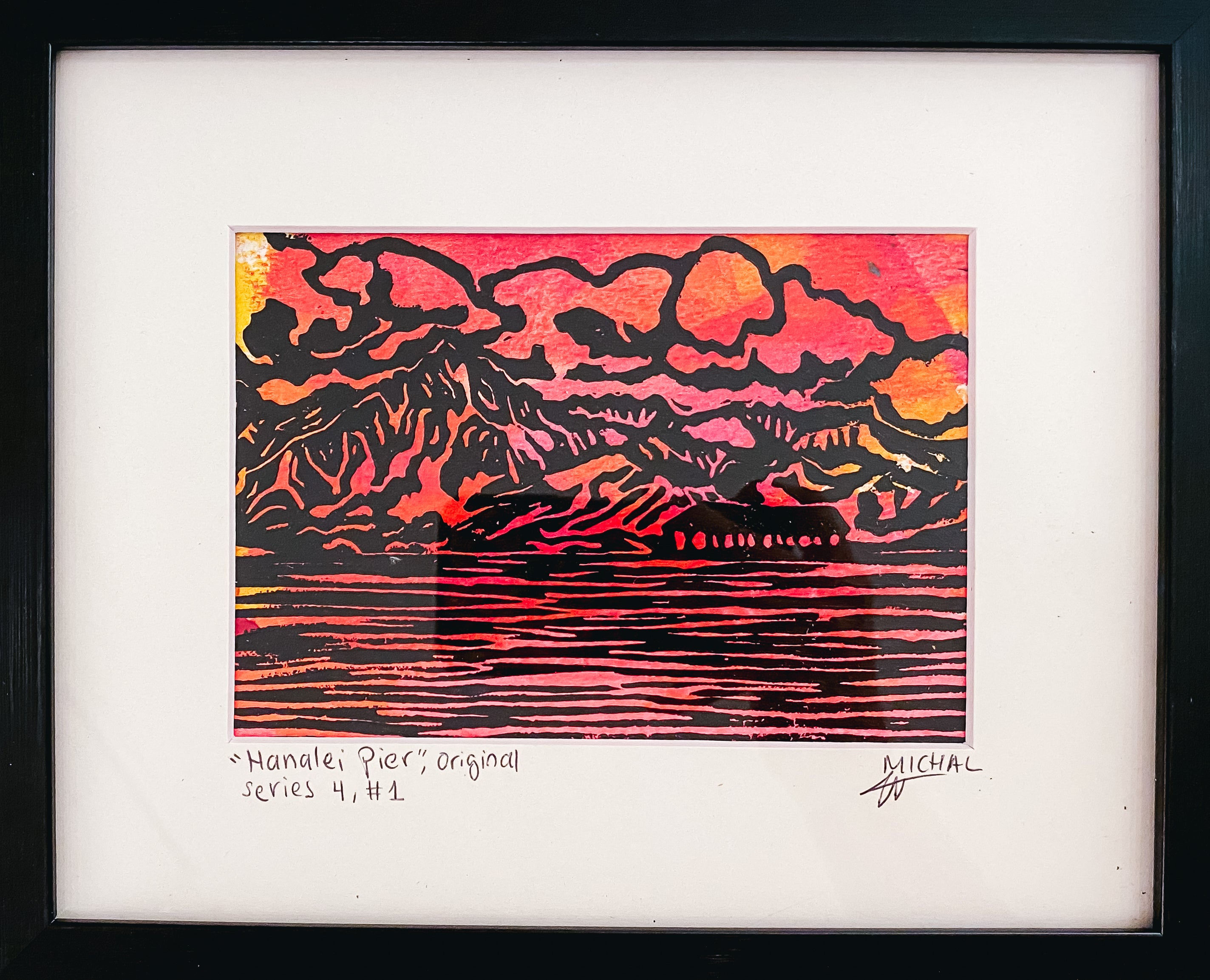 SOLD #1 NEW - Hanalei Pier, Original Lino Cut, Series 4 - MICHAL ART STUDIO HAWAII -